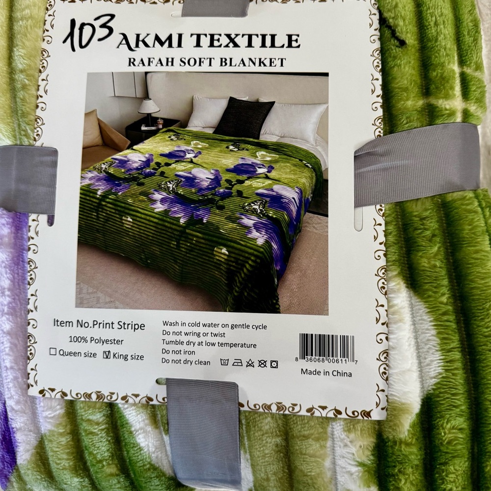 KING Size - Green Purple White Black / Floral Blanket Throw Bedspread